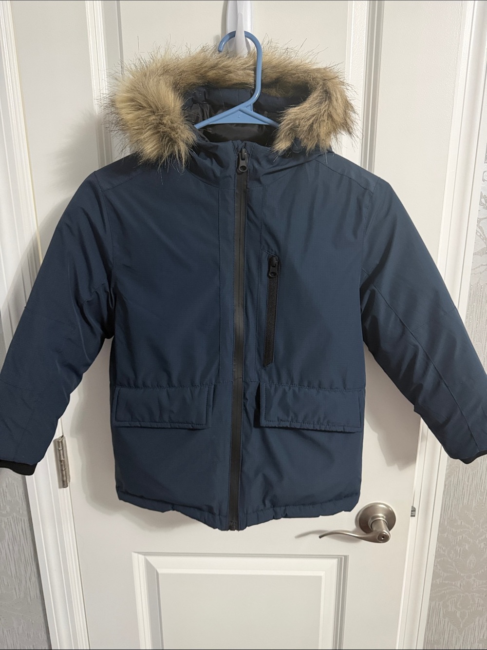 Mango Kids Navy Hooded Puffer Jacket with Faux Fur Trim